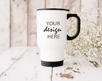 “Front view of white double-walled travel mug – customisable, Your Design Here”