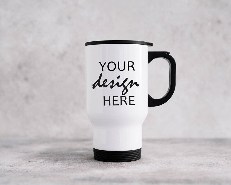 “Custom design double-walled 400ml stainless steel travel mug – white – Your Design Here”