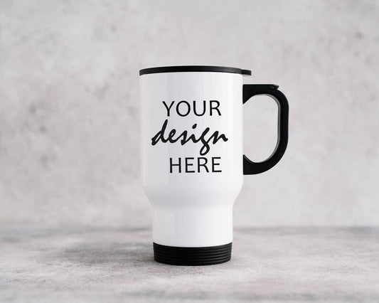 “Custom design double-walled 400ml stainless steel travel mug – white – Your Design Here”