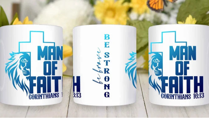 Man of Faith Mug with Blue Print – Faith-Based Gift | Be Brave, Be Strong | 1 Corinthians 16:13