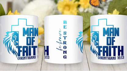Man of Faith Mug with Blue Print – Faith-Based Gift | Be Brave, Be Strong | 1 Corinthians 16:13