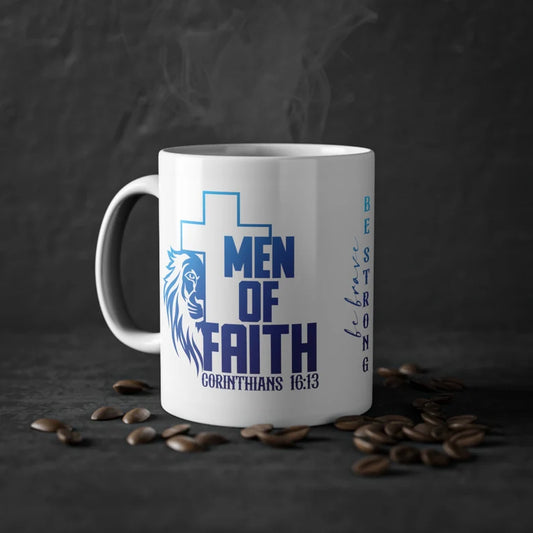 Man of Faith Mug with Blue Print – Faith-Based Gift | Be Brave, Be Strong | 1 Corinthians 16:13