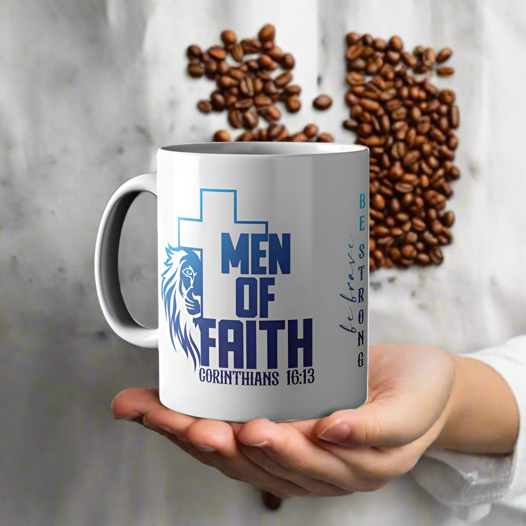 Man of Faith Mug with Blue Print – Faith-Based Gift | Be Brave, Be Strong | 1 Corinthians 16:13