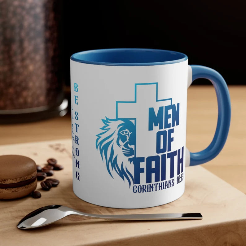 Man of Faith Mug with Blue Print – Faith-Based Gift | Be Brave, Be Strong | 1 Corinthians 16:13