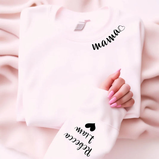 Mama on neckline Children Names on Sleeve & Heart Unisex Mother's Day Printed Hoodie / Sweater