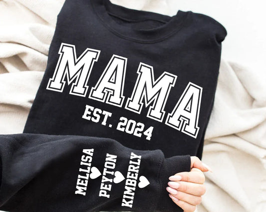 Mama Est Block Letters Children Names on Sleeve & Heart Unisex Mother's Day Printed Hoodie / Sweater