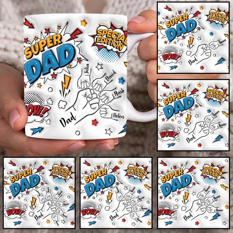 Title
Custom Up to 6 Kids Holding Super Dad Dad's Hand with Names Mug / Tumbler
