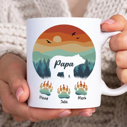 Papa Bear with Paw Prints Colourful Personalise Handprint Up to 3 Kids Mug Wrap Mug / Tumbler Father's day