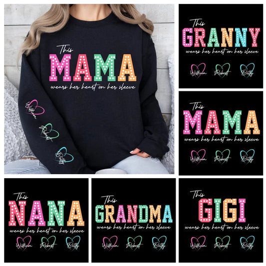 This Mama wears her heart on her sleeve with Children Names on Sleeve Multicolour fonts and hearts Unisex Mother's Day Printed Hoodie / Sweater