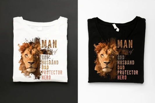 Man God Husband Dad Protector Hero Lion Father's Day Men Printed Shirt | Faith-Based Shirt