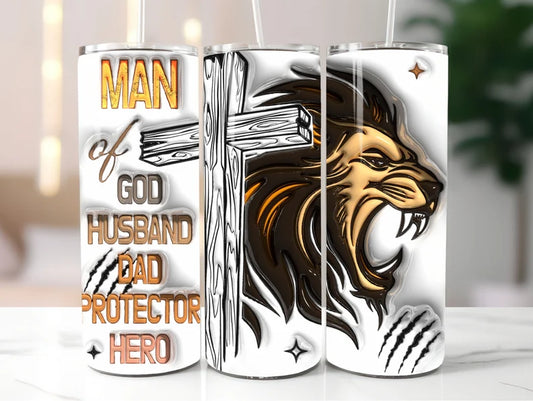 Man of God Husband Dad Protector Hero Lion Cross Tumbler – Christian Father's Day Gift for Dad | Faith-Based Gift