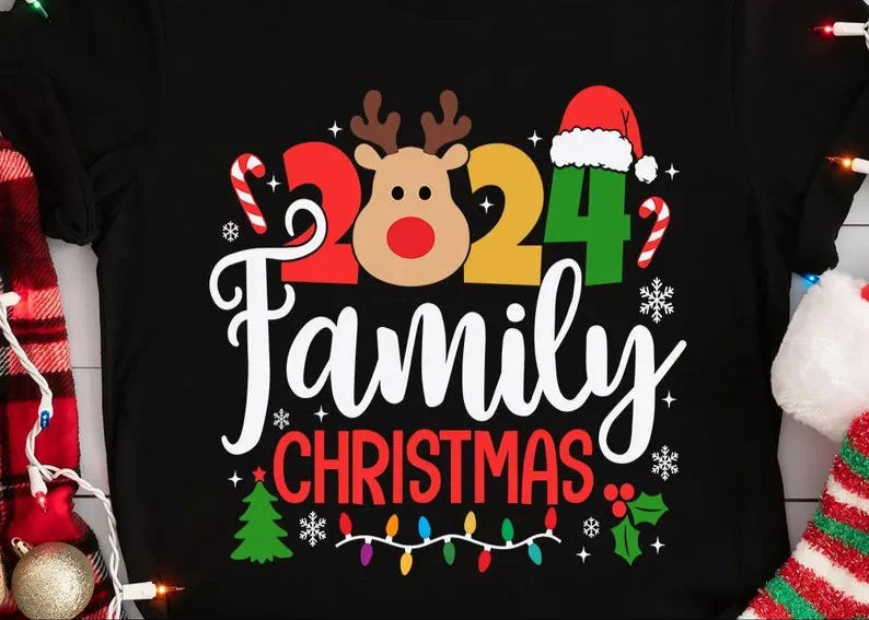 Year Family Christmas with Reindeer Santa Decor - Christmas Printed Shirt for the Whole Family - Matching Unisex, Ladies Fitted & Kids Family of 4 Christmas Matching Printed Shirts (2 kiddies T-Shirt Option)