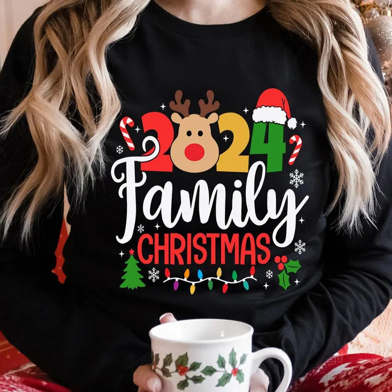 Year Family Christmas with Reindeer Santa Decor - Christmas Printed Shirt for the Whole Family - Matching Unisex, Ladies Fitted & Kids Family of 4 Christmas Matching Printed Shirts (2 kiddies T-Shirt Option) 