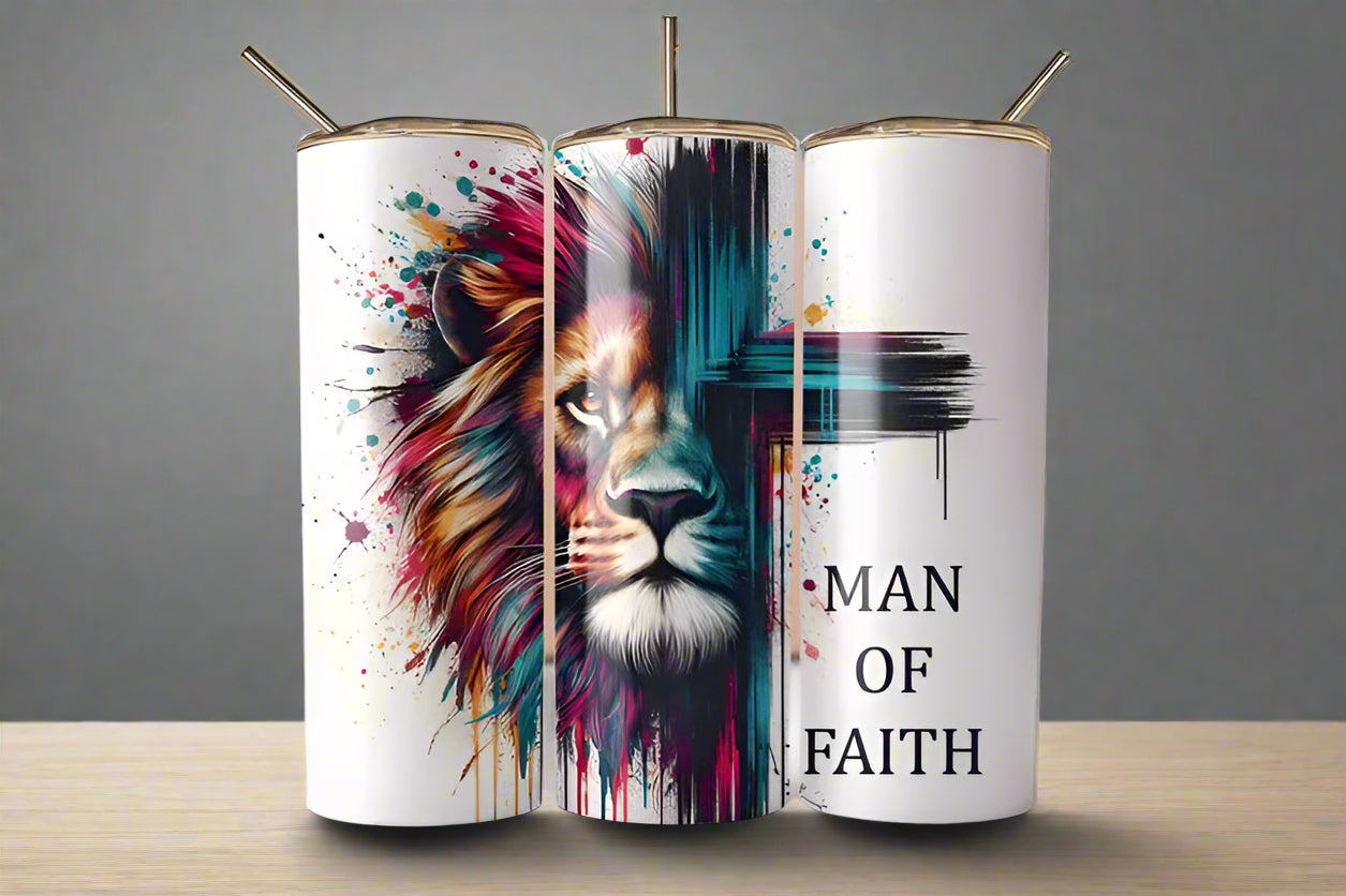 Man of Faith Colourful Lion Tumbler – Christian Father's Day Gift for Dad | Faith-Based Gift