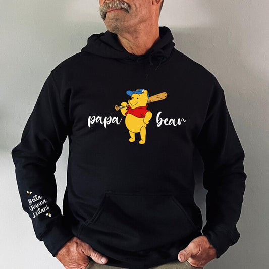 Papa Bear with Pooh holding baseball bat personalised with Children Names on Sleeve Multicolour fonts and hearts Unisex Mother's Day Printed Hoodie / Sweater