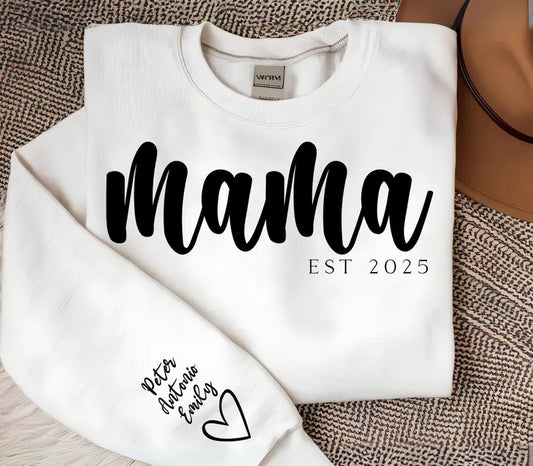 Mama Est Children Names on Sleeve & Heart Unisex Mother's Day Printed Hoodie / Sweater