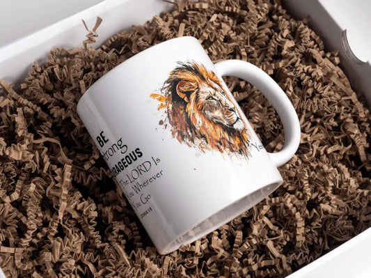 Be Strong & Courageous Yeshua Lion Mug – Joshua 1:9 | Faith-Based Gift
