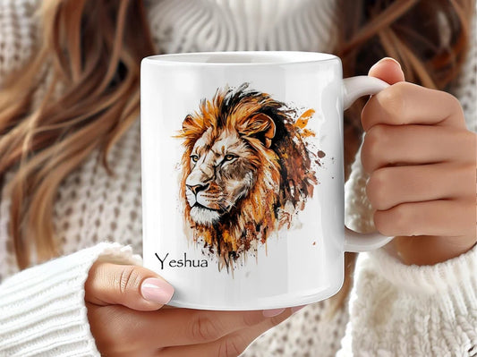 Lion of Judah Yeshua mug with “Be Strong and Courageous” and Joshua 1:9 scripture – available in ceramic, two-tone, and tumbler styles

