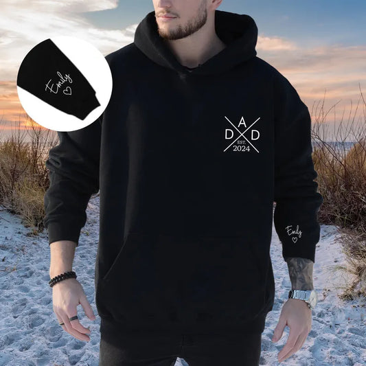 Dad Est Arrow Pocket Print Personalised with Children Names on Sleeve & Heart Unisex Father's Day Printed Hoodie / Sweater Gift for Dad