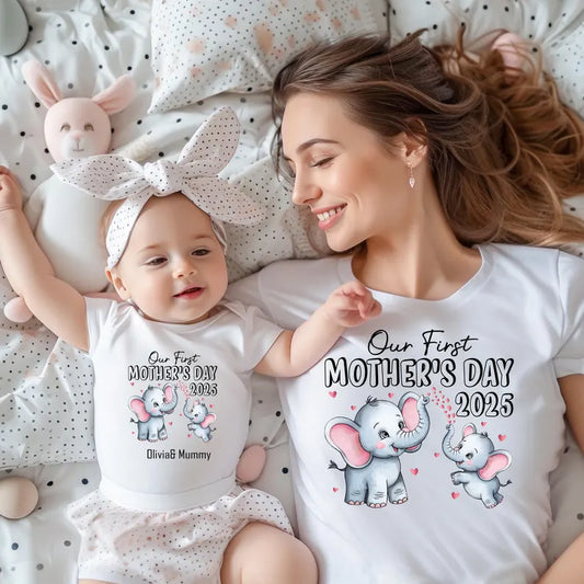 Our First Mothers day [YEAR] with Cute Elephants Matching Printed Shirts Mother's Day Shirts - Unisex, Ladies Fitted & Kids
