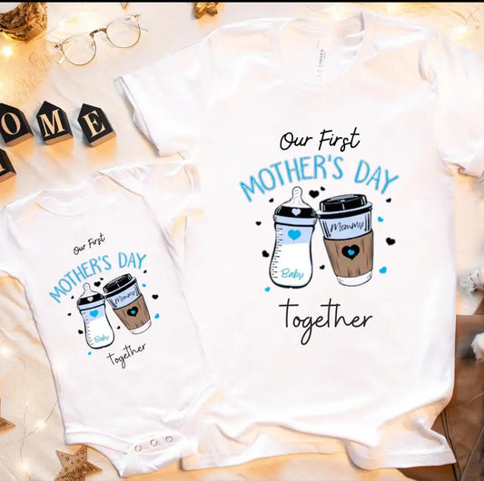 Our First Mothers day Bottle & Coffee (Pink or Blue) Matching Printed Shirts Mother's Day Shirts - Unisex, Ladies Fitted & Kids