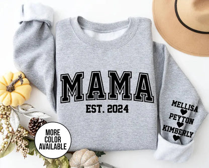 Mama Est Block Letters Children Names on Sleeve & Heart Unisex Mother's Day Printed Hoodie / Sweater