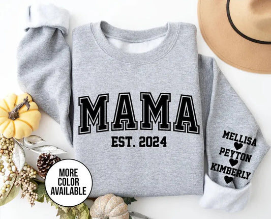 Mama Est Block Letters Children Names on Sleeve & Heart Unisex Mother's Day Printed Hoodie / Sweater