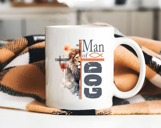 Faith-based Man of God ceramic mug with lion illustration, rustic cross, and Ichthys fish symbol – Christian gift for men
