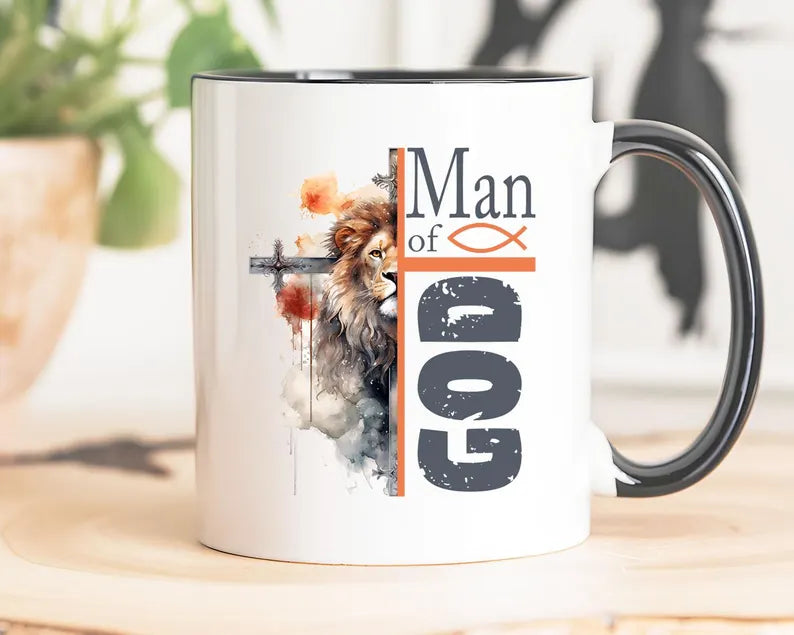Man of God Mug with Lion & Cross – Faith-Based Gift for Men | Christian Coffee Mug