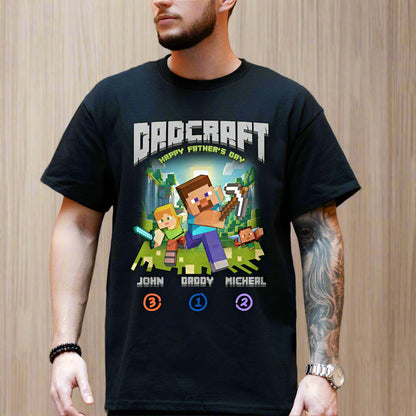 Dadcraft Happy Father's Day Minecraft Personalised up to 2 kids names Gaming Mens Printed Shirt Father's day Shirt Gifts for Him