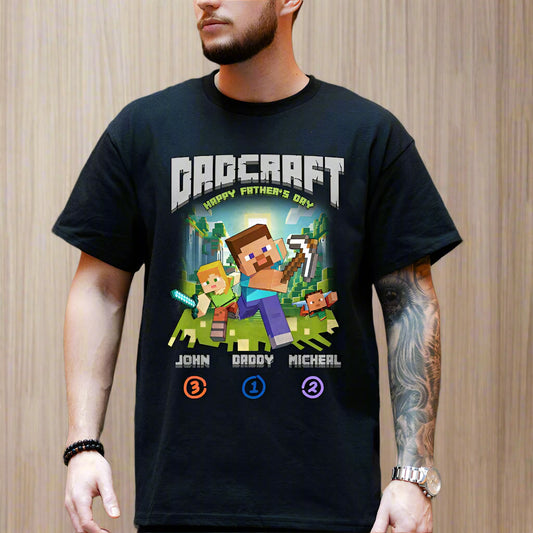 Dadcraft Happy Father's Day Minecraft Personalised up to 2 kids names Gaming Mens Printed Shirt Father's day Shirt Gifts for Him