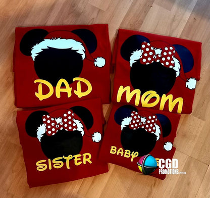 “Family of four wearing Mickey Christmas matching family shirts – adult unisex, ladies fitted, and kids tees”


