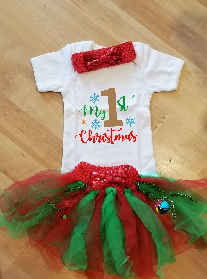 My First Christmas Christmas Printed Tutu Outfit with Headband