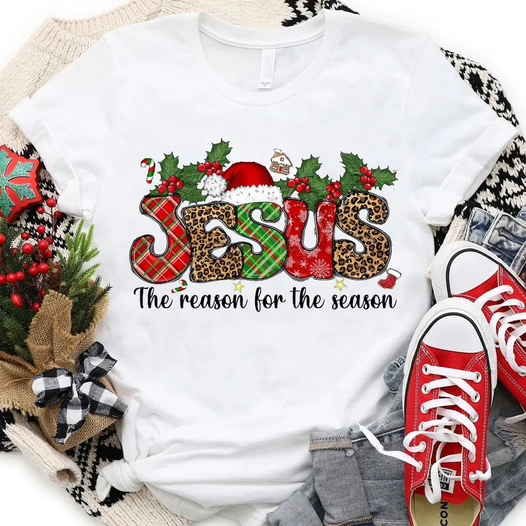 Jesus The Reason for the Season Colourful Chritmas Hat Christmas Printed Shirt for the Whole Family - Matching Unisex, Ladies Fitted & Kids (Faith-Based)